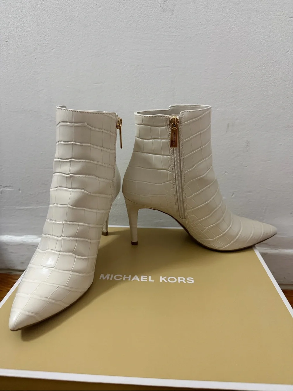 Michael Kors Cream Croc-Embossed Pointed-Toe Ankle Booties with Kitten Heel